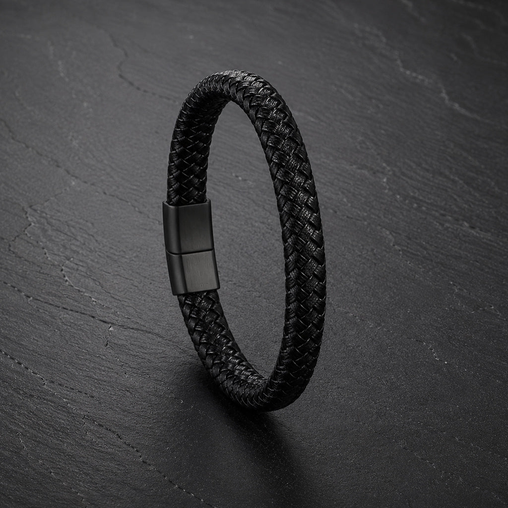 Rund geflochtenes Herren Lederarmband in Schwarz mit Magnetverschluss.