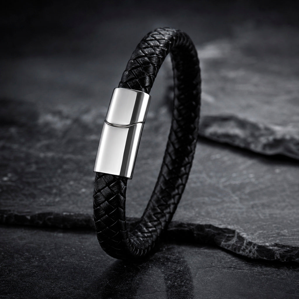 geflochtenes Lederarmband für Männer mit silbernem Magnetverschluss