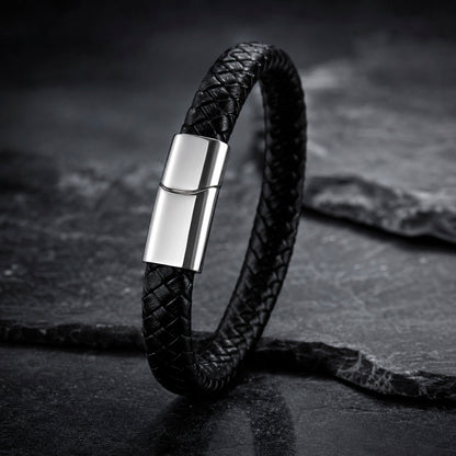 geflochtenes Lederarmband für Männer mit silbernem Magnetverschluss