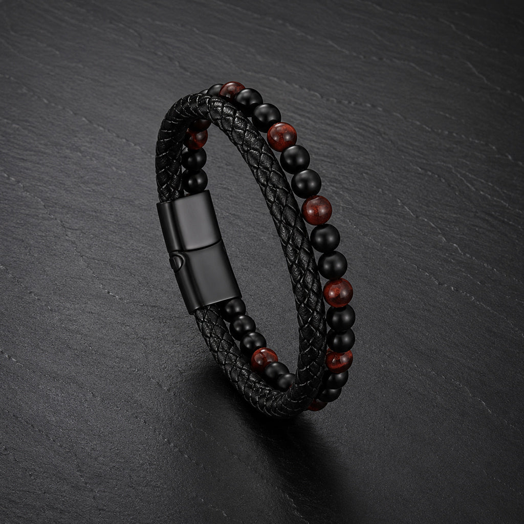 Stone Braid - Zweisträngiges Lederarmband für Herren mit Naturstein-Perlen & Magnetverschluss