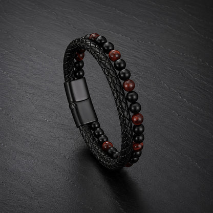 Stone Braid - Zweisträngiges Lederarmband für Herren mit Naturstein-Perlen & Magnetverschluss