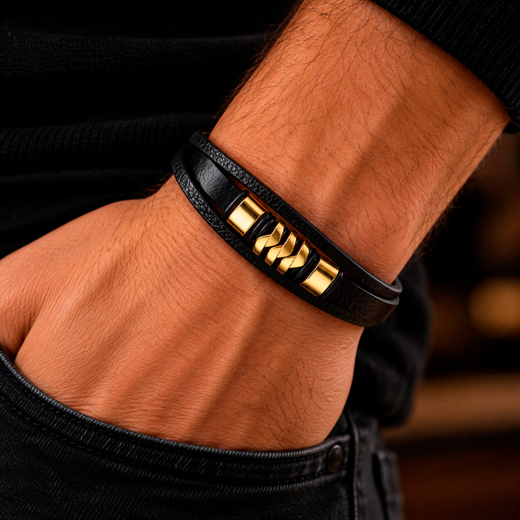 Leather Steel Line Armband Leder Edelstahl Magnet 19-23 cm