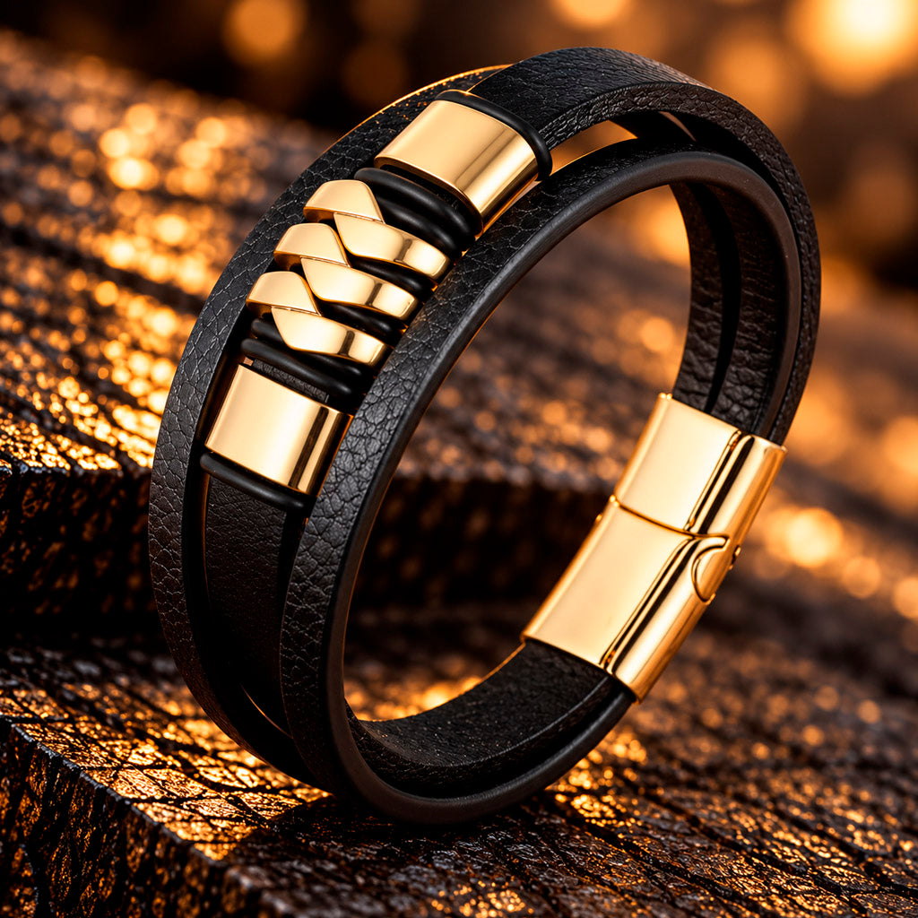 Leather Steel Line Armband von MANAVARO aus Leder und Edelstahl