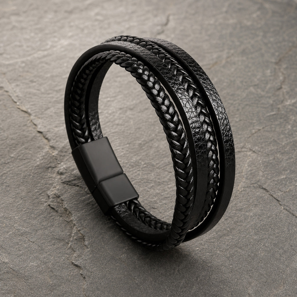 Lederarmband mehrreihig in schwarz mit Magnetverschluss aus schwarzem Edelstahl auf Schieferplatte