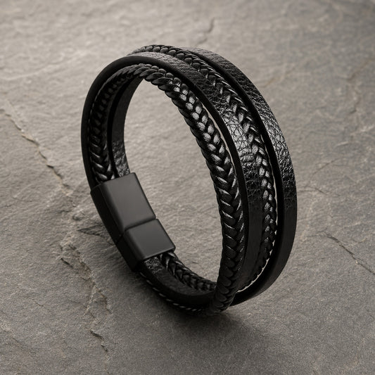 Lederarmband mehrreihig in schwarz mit Magnetverschluss aus schwarzem Edelstahl auf Schieferplatte