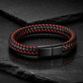 Schwarzes Herren Armband aus geflochtenem Leder mit rotem Kontrastfaden und Magnetverschluss