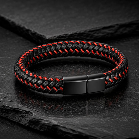 Schwarzes Herren Armband aus geflochtenem Leder mit rotem Kontrastfaden und Magnetverschluss