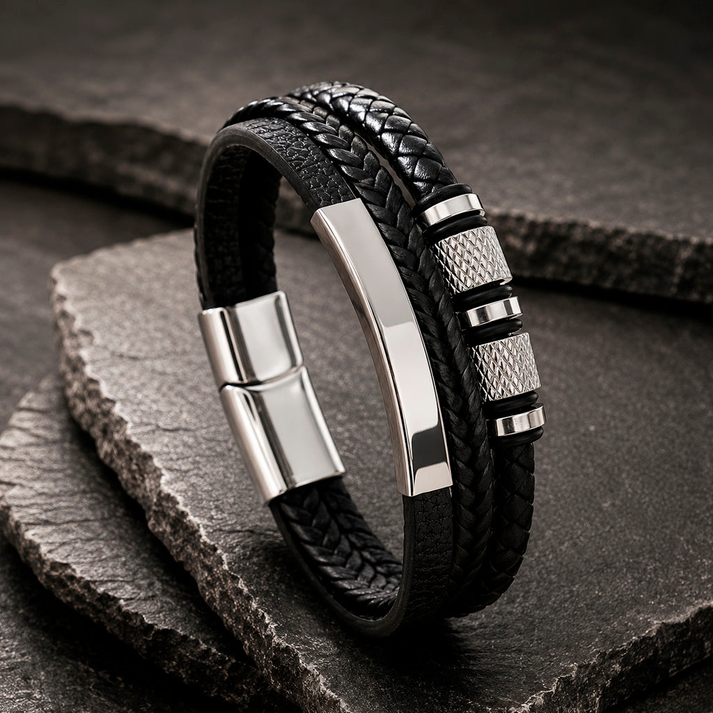 Steel Spin Silver Lederarmband für Herren von MANAVARO